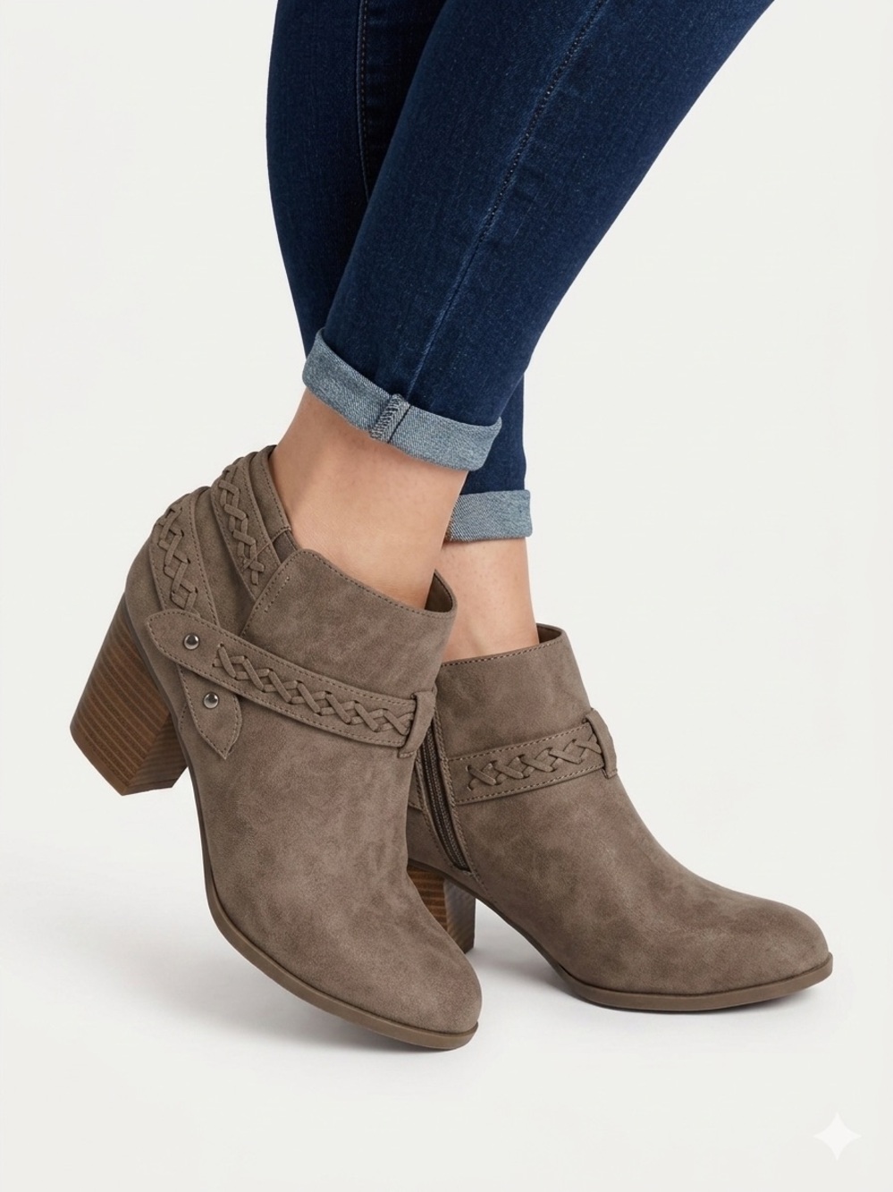 Indigo Taupe Braided Strap Ankle Booties NIB